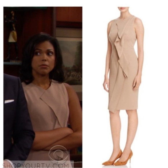 A131 Karen Millen Camel Sculpted Draped Sheath Dress | Size US 8 | Worn on TV! - Picture 3 of 11